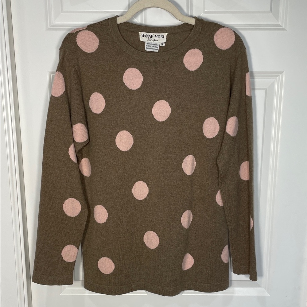Hanae Mori Loft Sports Crewneck Cashmere Sweater Size Small Polka Dots Tan Pink